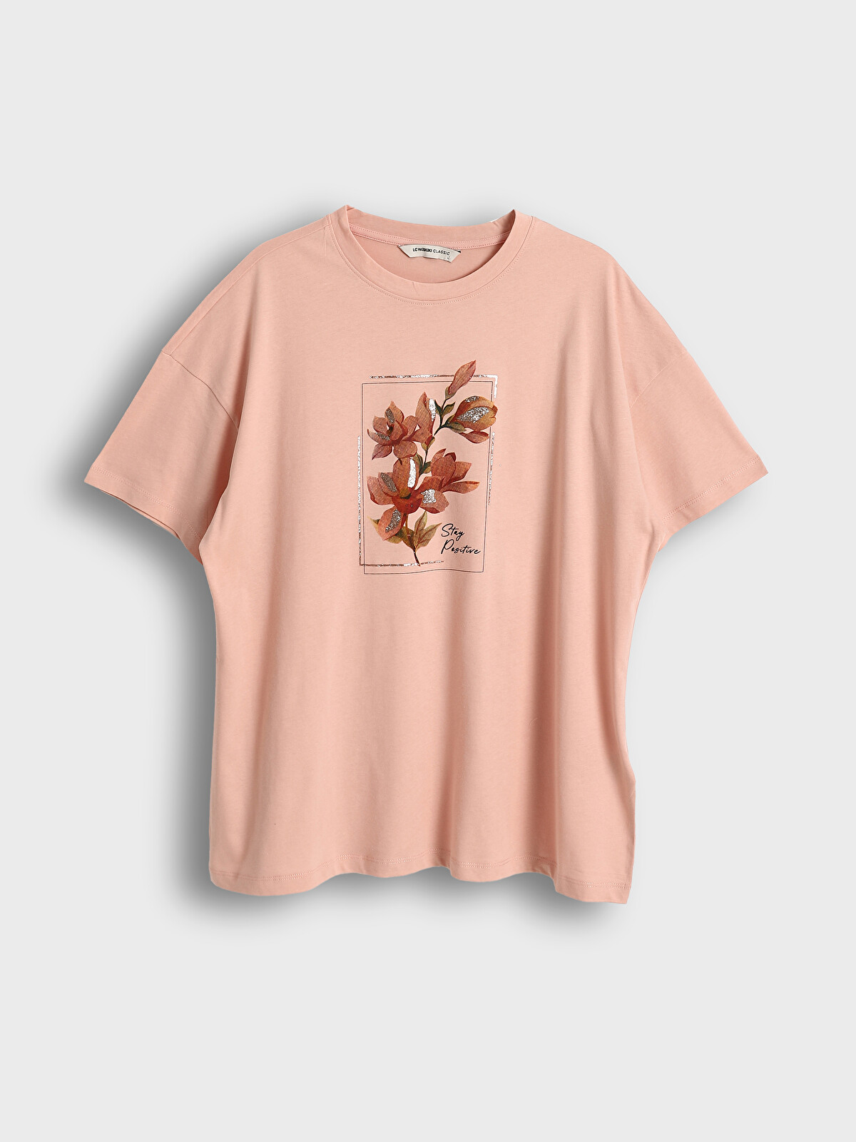 LCWAIKIKI Classic Bisiklet Yaka Çiçekli Oversize Kadın Tişört