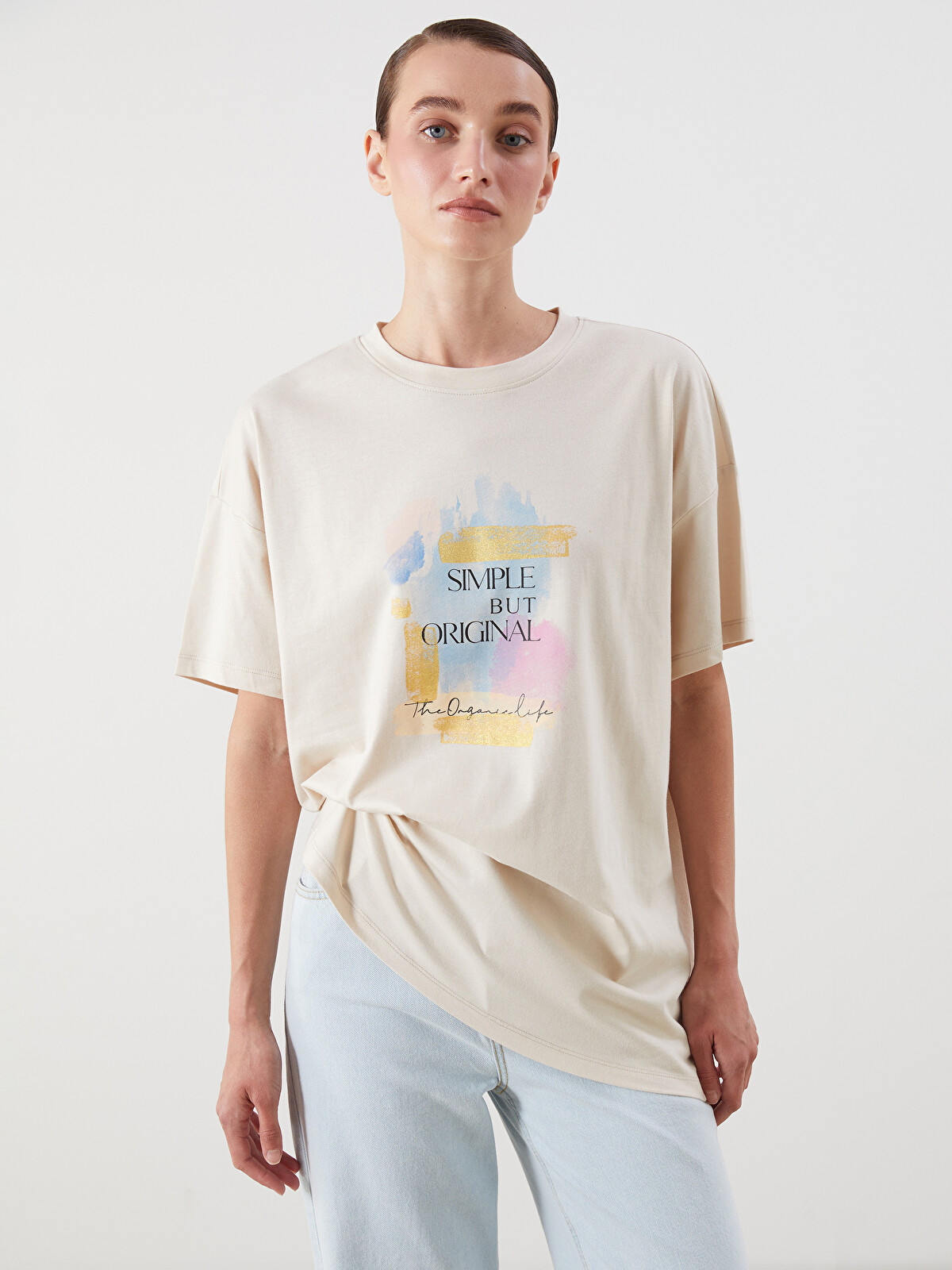 LCWAIKIKI Classic Bisiklet Yaka Baskılı Oversize Kadın Tişört