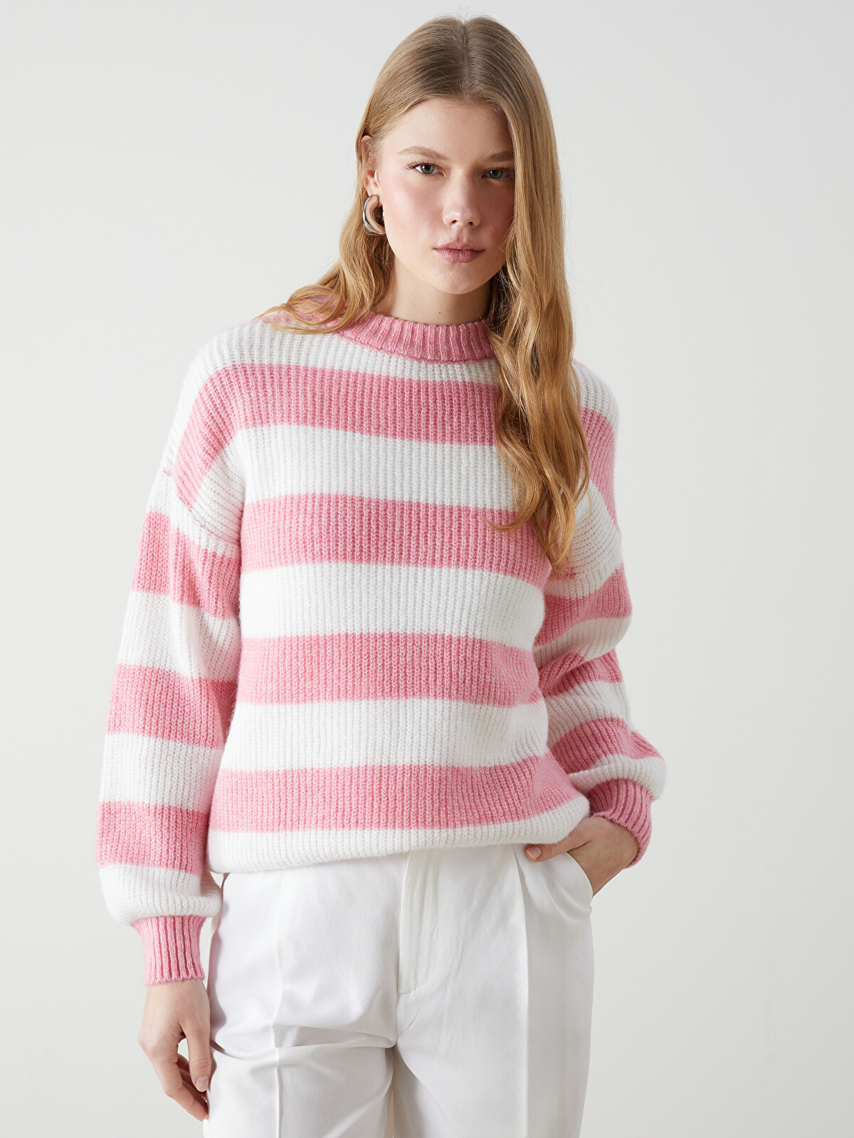 XSIDE Pembe Bisiklet Yaka Çizgili Oversize Kadın Triko Kazak