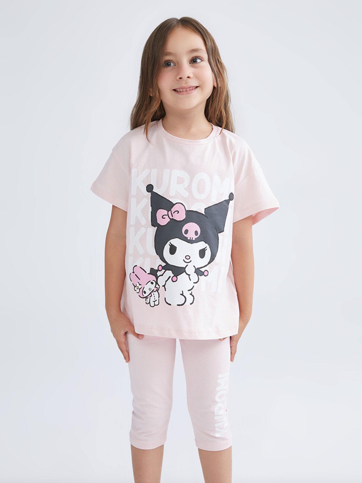トップス Kurumi LCW Kids Pembe Kuromi Baskılı Kız Çocuk Tişört ve Tayt 2'li