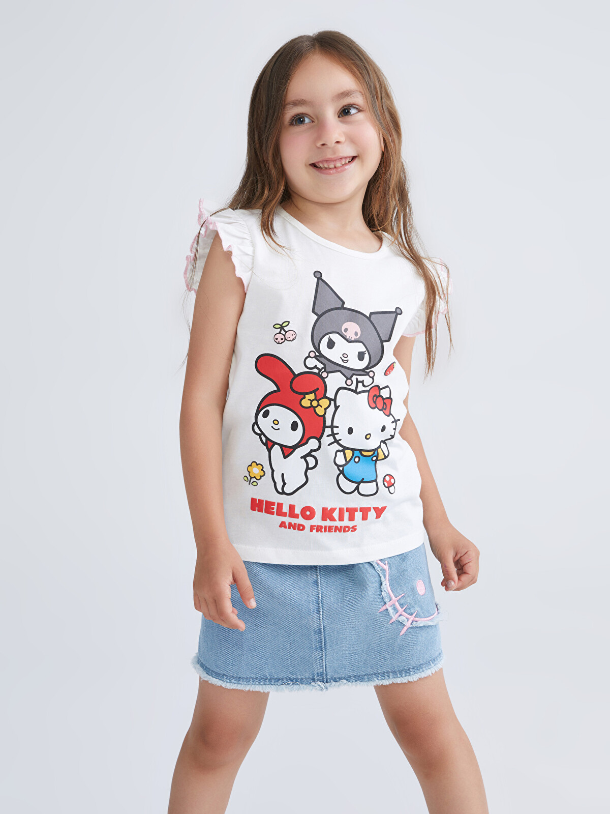 ❀ＮＹ❀ LCW Kids Beyaz Bisiklet Yaka Hello Kitty Baskılı Kız Çocuk Tişört