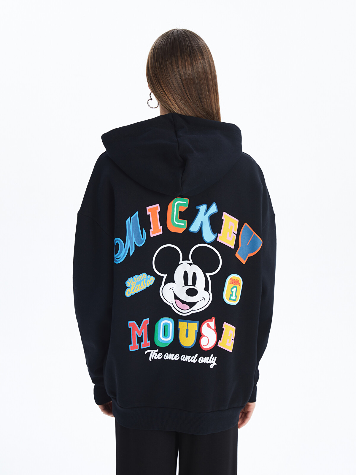 XSIDE Siyah Mickey Mouse Baskılı Oversize Kadın Kalın Hoodie