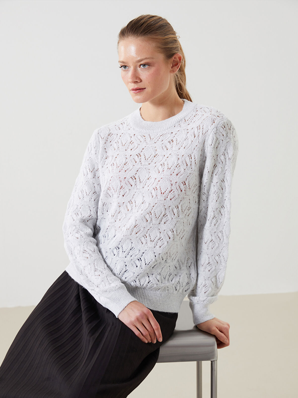 わきち LCWAIKIKI Classic Gri Bisiklet Yaka Ajurlu Kadın Triko Kazak