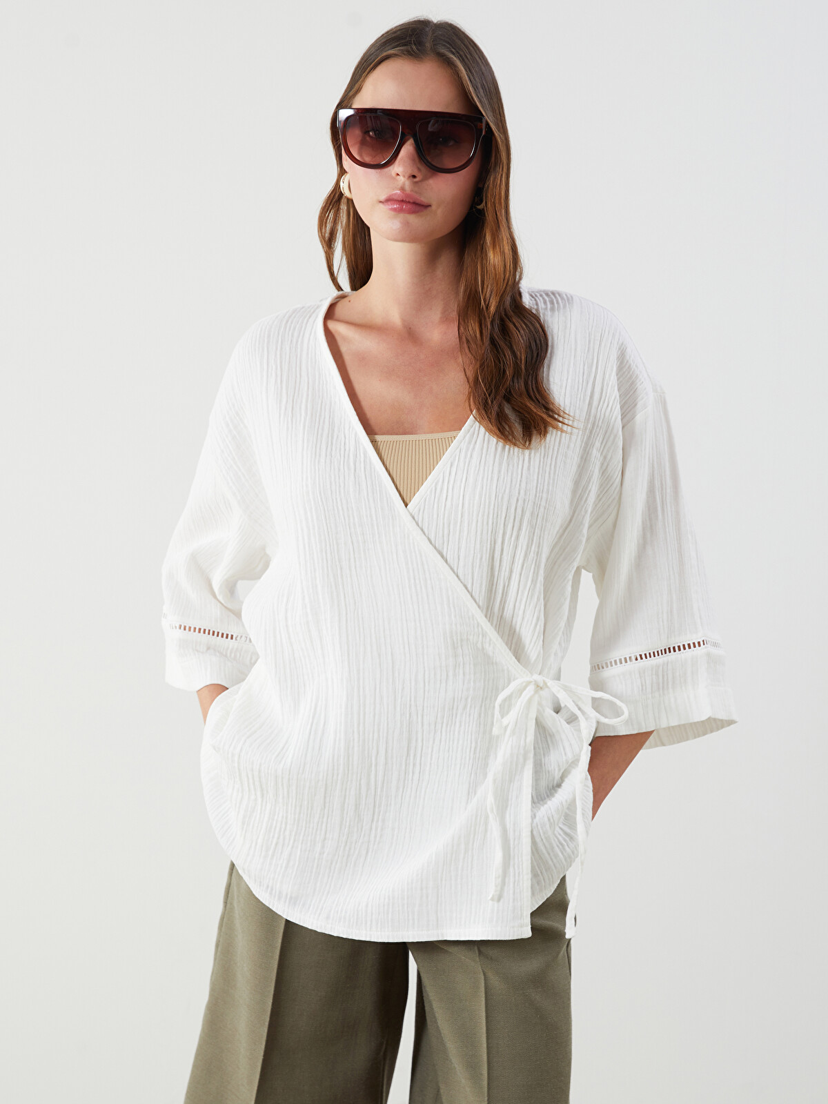 L ×8 LCW Vision Beyaz V Yaka Dokulu Oversize Kadın Kimono - S5MD87Z8
