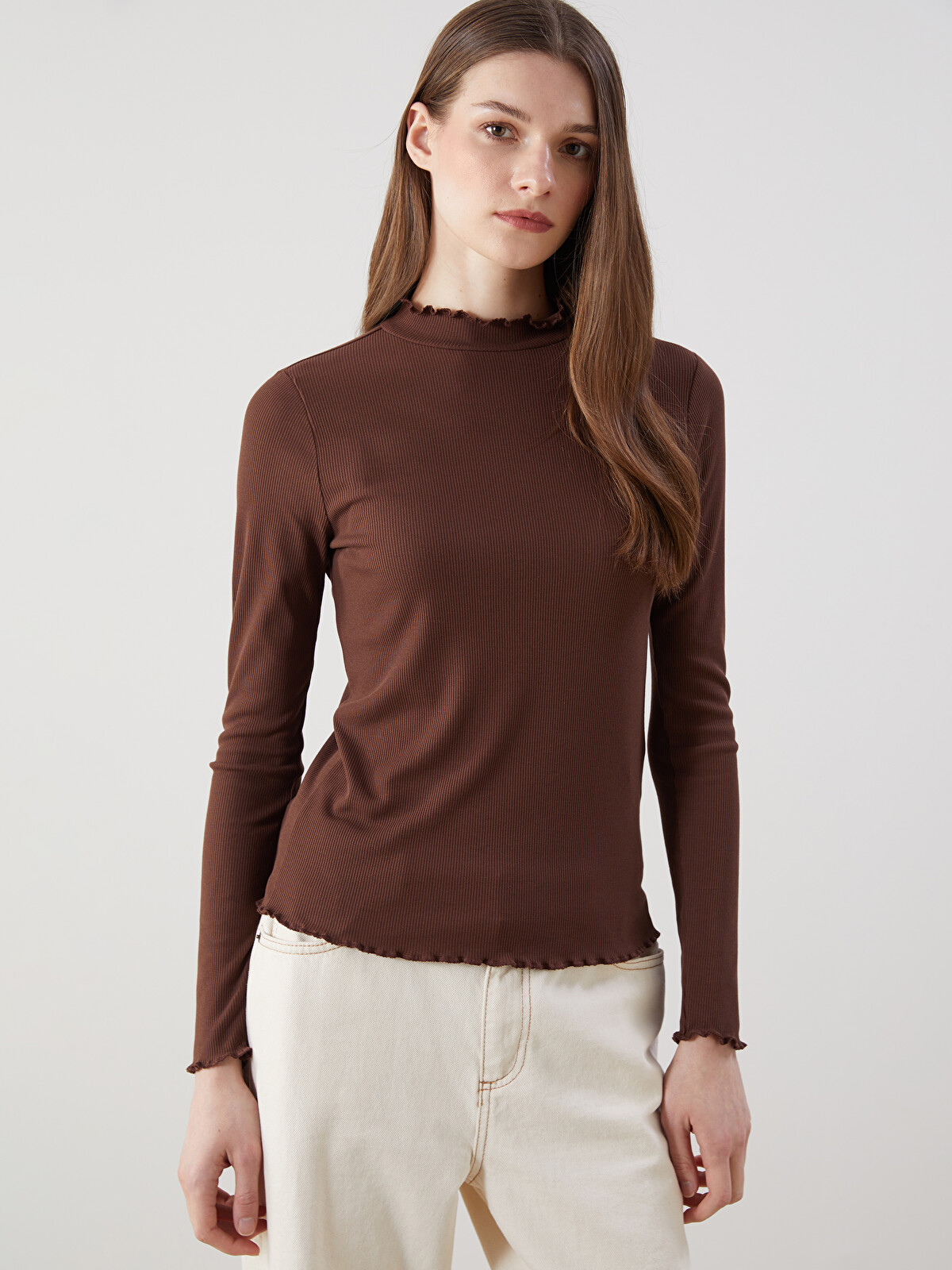 LCW Modest Kahverengi Dik Yaka Kadın Body - S5MV29Z8-L0C | LCW