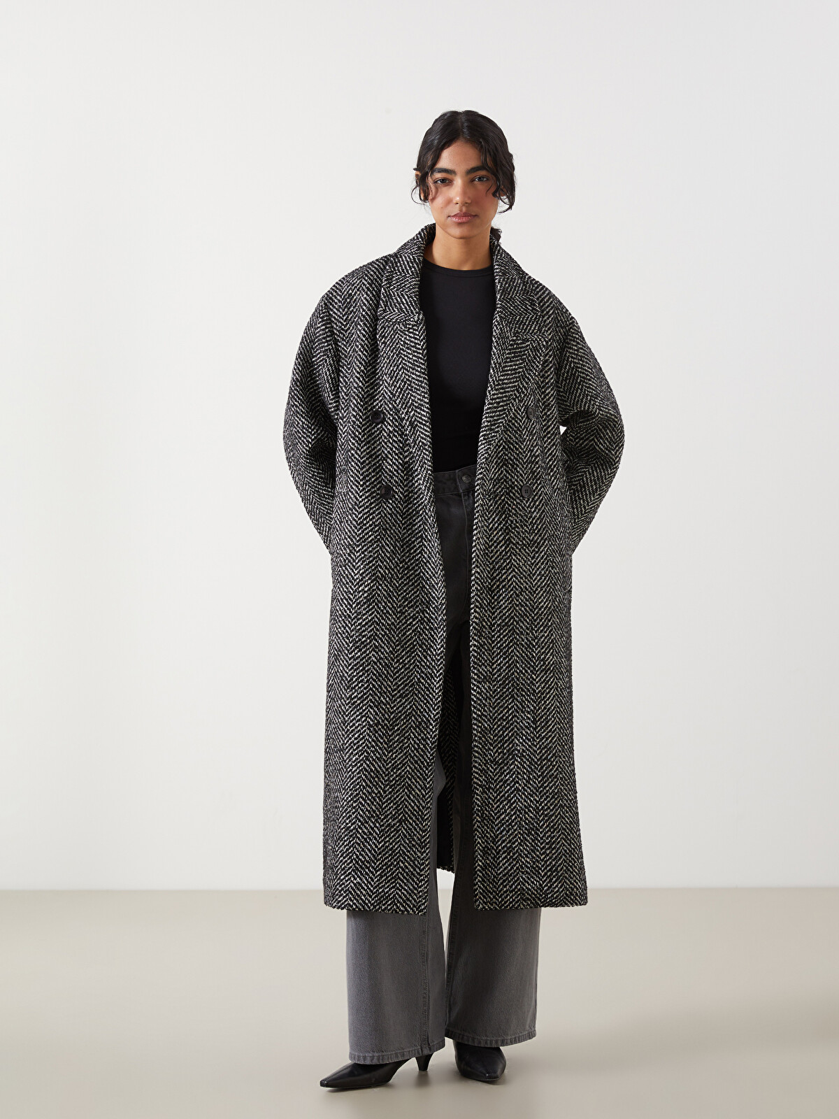 LCW Modest Antrasit Ceket Yaka Desenli Kadın Kaşe Kaban - S5N017Z8