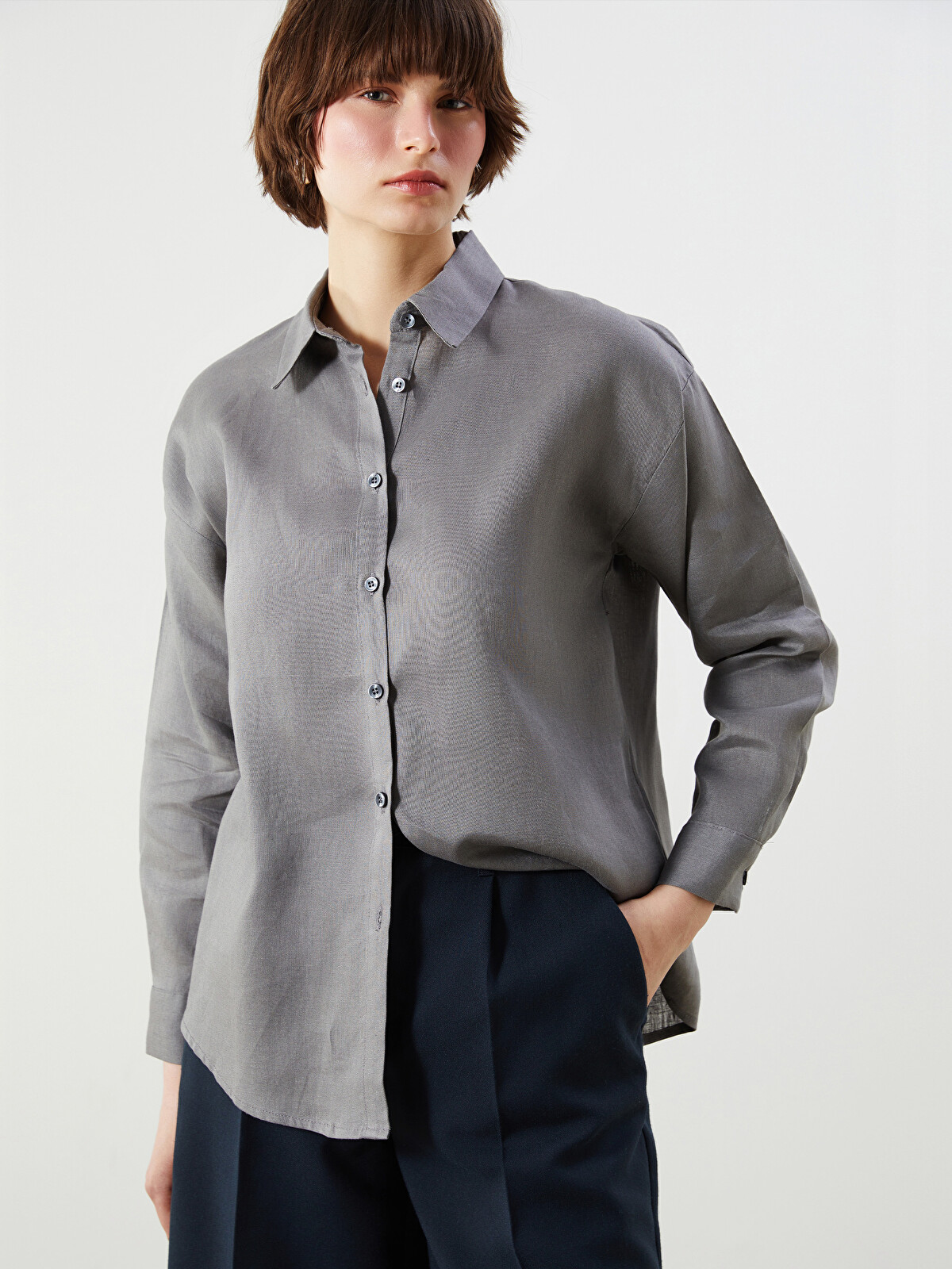 LCWAIKIKI Classic Oversize 100% Linen Women's Shirt - S5N378Z8-GZF