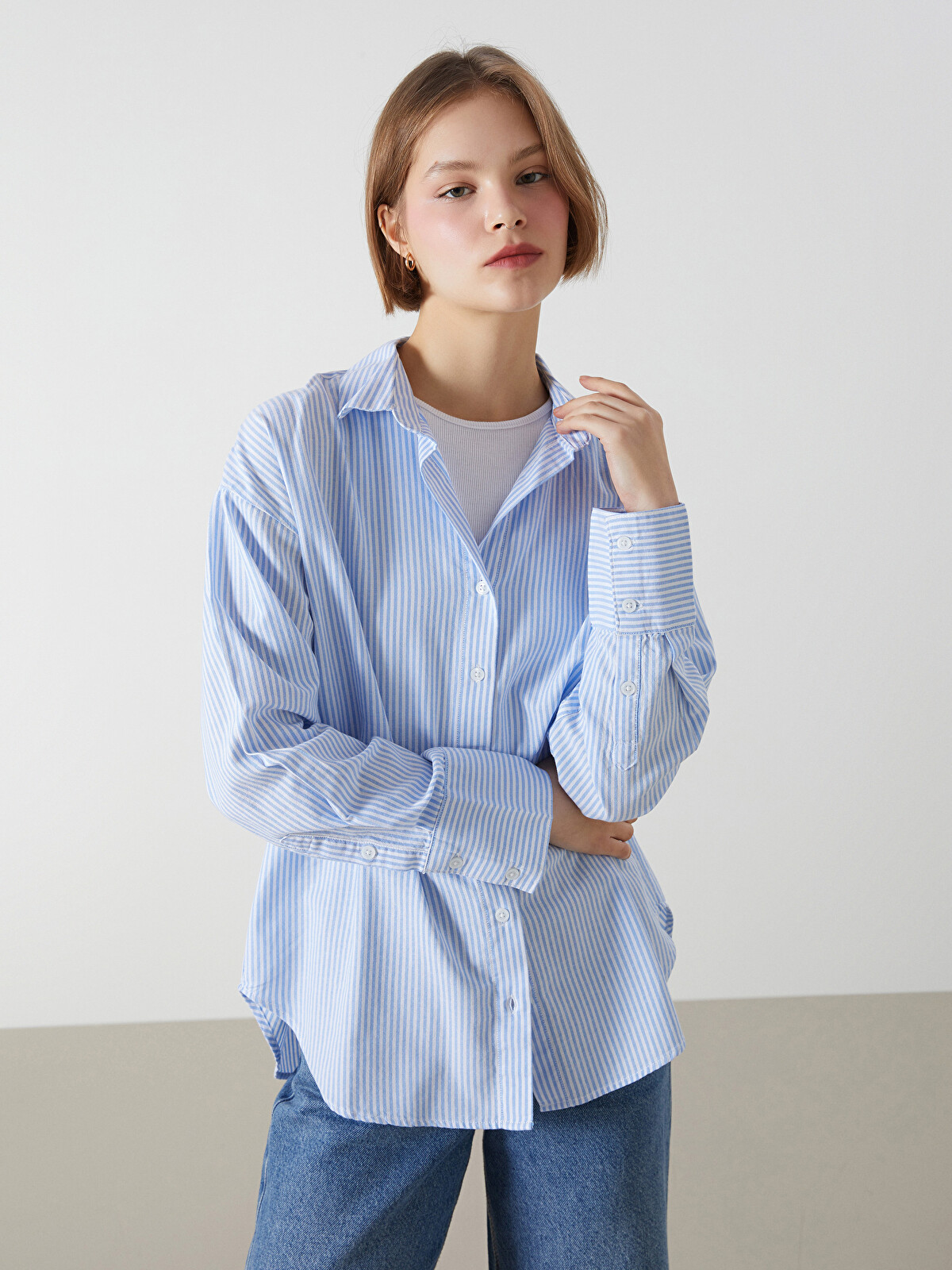 XSIDE Striped Oversize Women's Shirt - W5EB00Z8-LEH | LC Waikiki