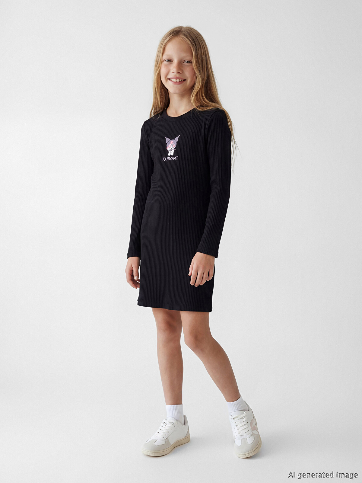 LCW Kids Siyah Bisiklet Yaka Kuromi Baskılı Kız Çocuk Elbise