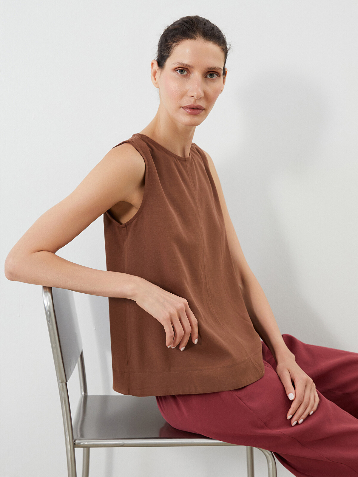 PB Textile＆card LCWAIKIKI Classic Kahverengi Bisiklet Yaka Keten Karışımlı Bluz
