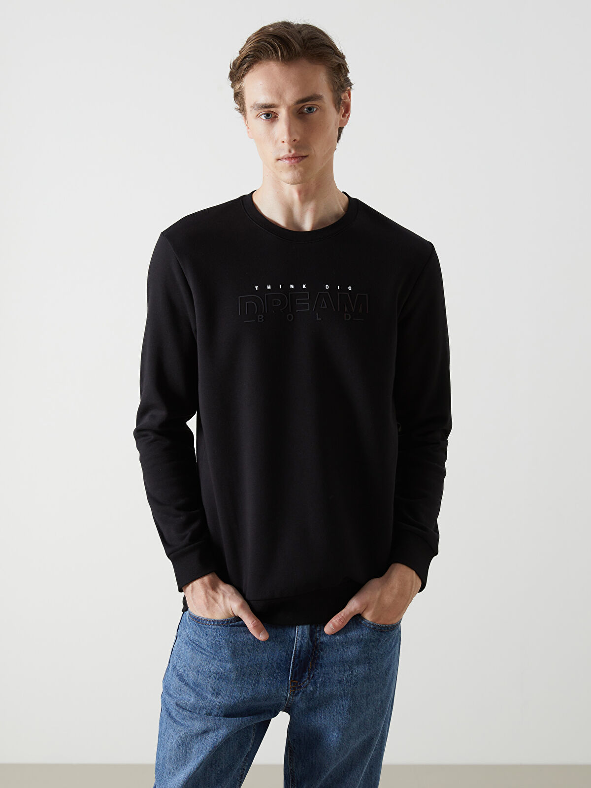 LCWAIKIKI Classic Siyah Bisiklet Yaka Baskılı Erkek Kalın