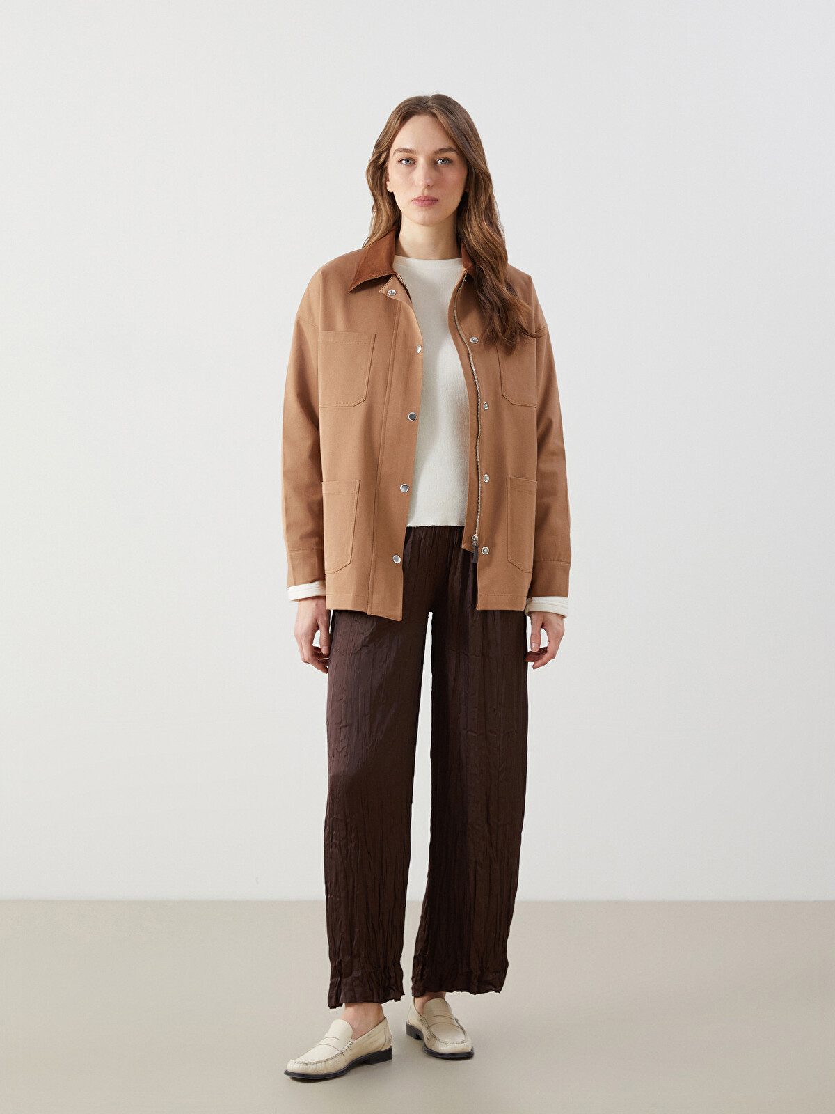 LCW Modest Kahverengi Gömlek Yaka Oversize Kadın Ceket - S5NT09Z8