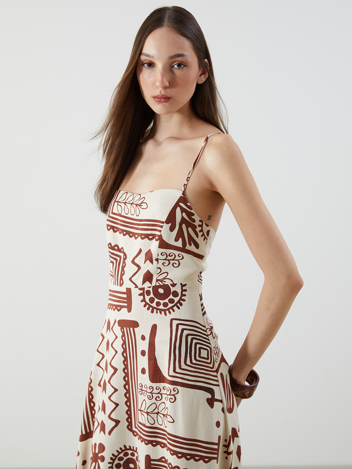 LCW Vision Square Neck Patterned Linen Blend Strappy Dress
