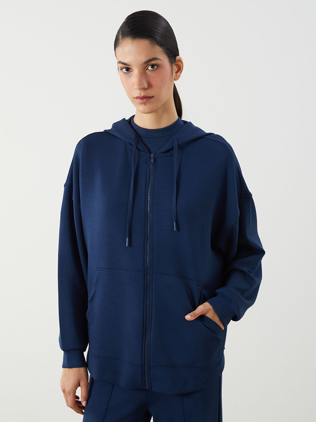 LCW Modest Lacivert Oversize Modal Karışımlı Kadın Fermuarlı