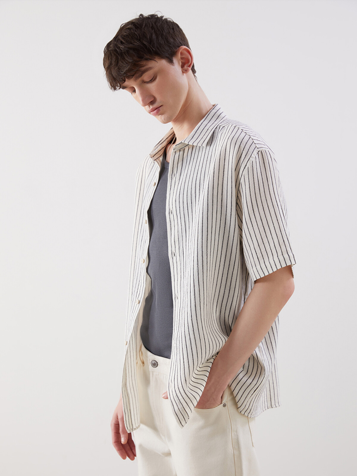 XSIDE Relaxed Fit Short Sleeve Striped Muslin Men's Shirt