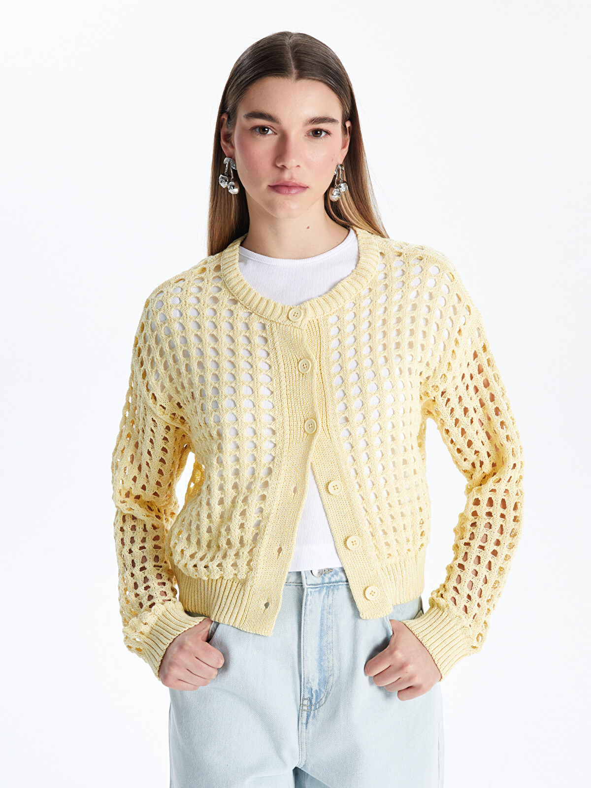 XSIDE Cardigan Tricotat cu Găuri pentru Femei cu Guler Rotund