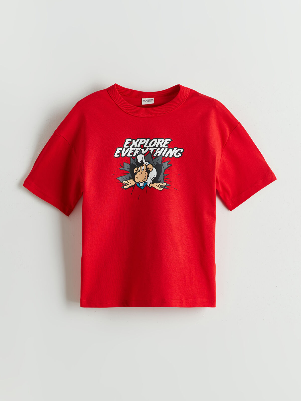 LCW ECO Kırmızı Bisiklet Yaka Nostaljik Maymun Baskılı Erkek Çocuk