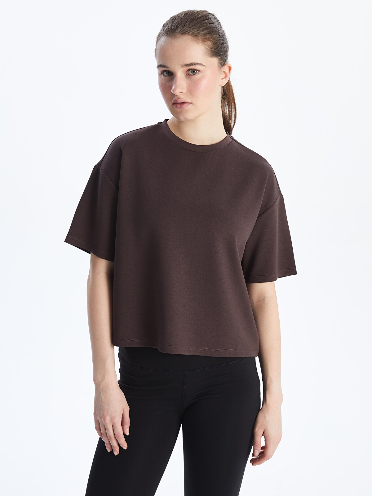服 XSIDE ACTIVE Kahverengi Bisiklet Yaka Oversize Crop Kadın Spor