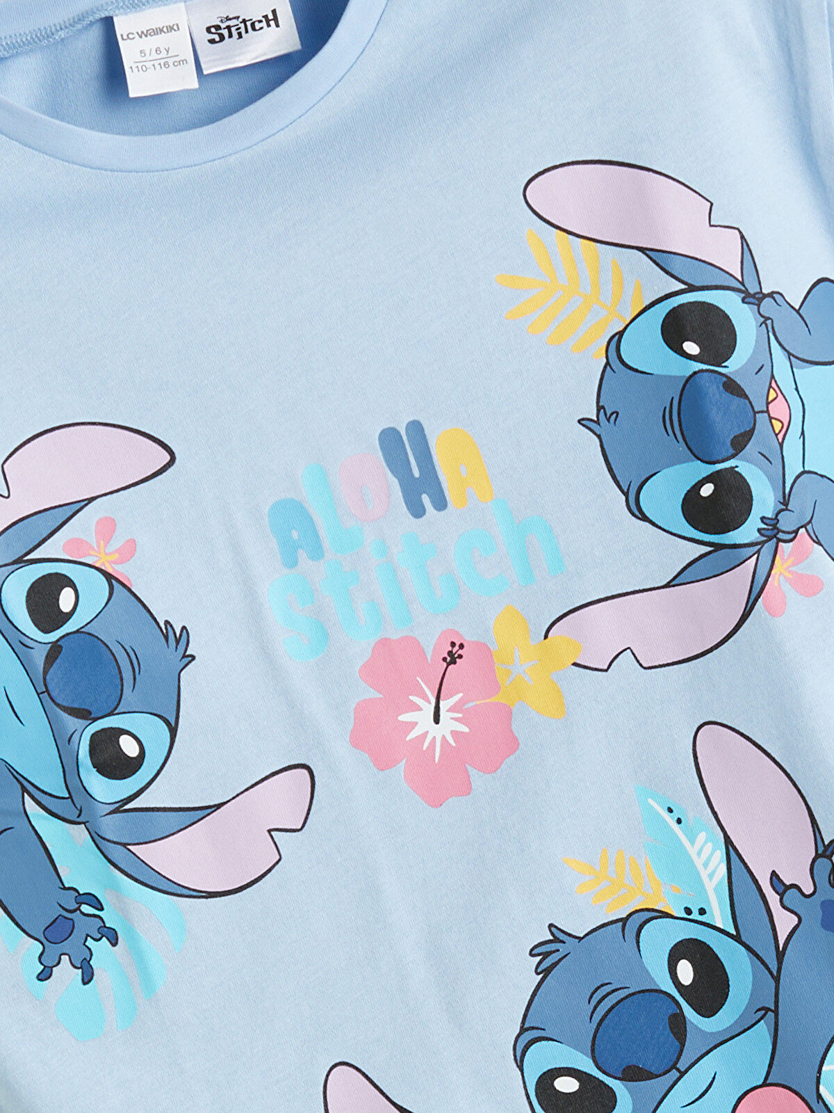 LCW Kids Mavi Bisiklet Yaka Stitch Baskılı Kız Çocuk Tişört