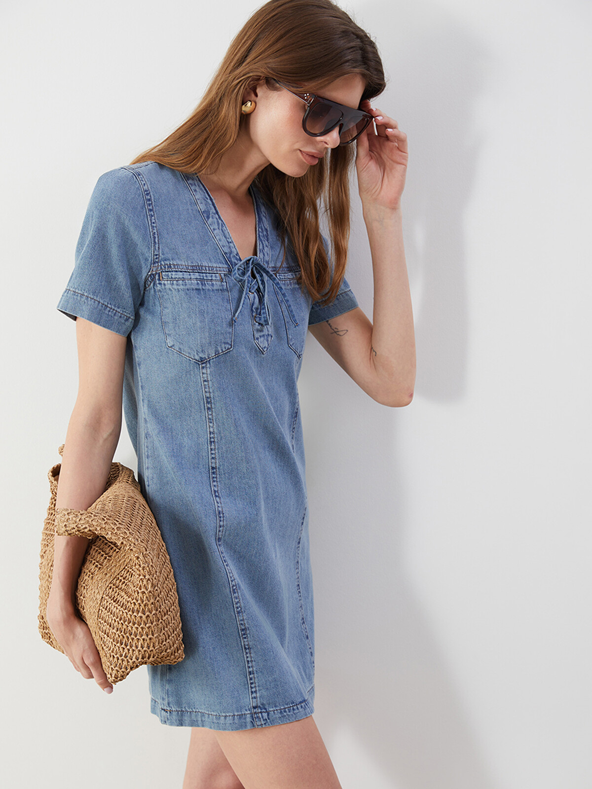 LCW Vision Tie Neck Denim Dress - S5P789Z8-507 | LC Waikiki
