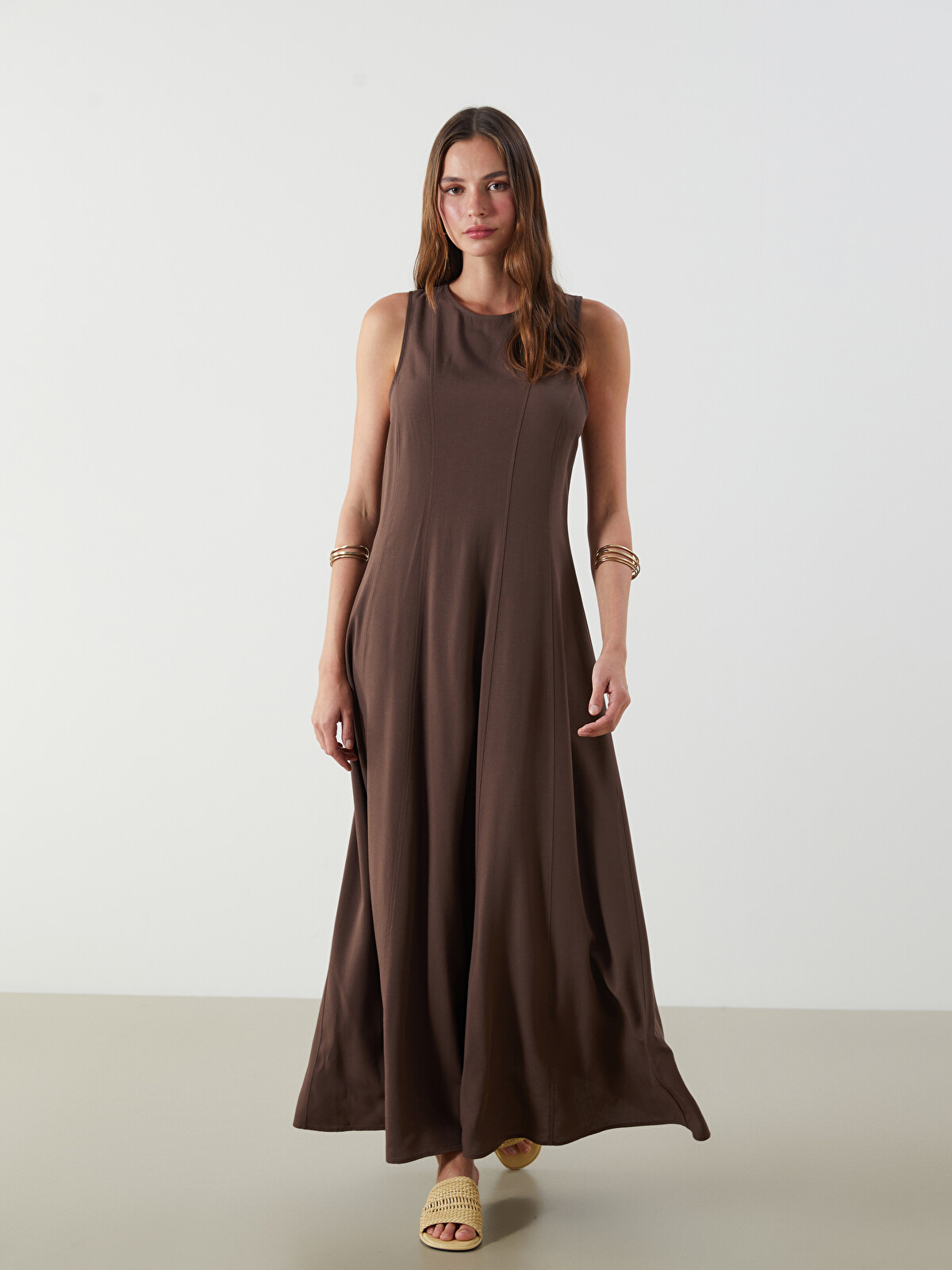 LCW Vision Crew Neck A-line Linen Blend Dress - S5PC12Z8-R3C | LC