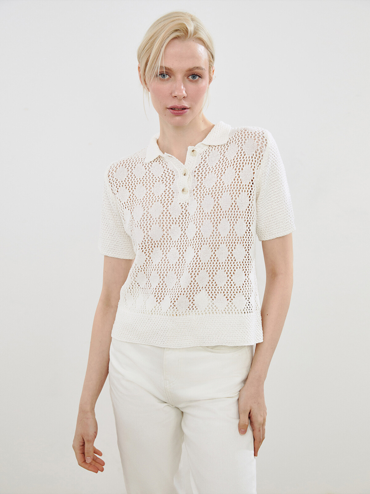 大屋夏南 Paloma Wool Tintin Shishikui Soulife Bej Polo Yaka Ajurlu Kadın Triko Kazak - S5PE89Z8-HZZ | LCW