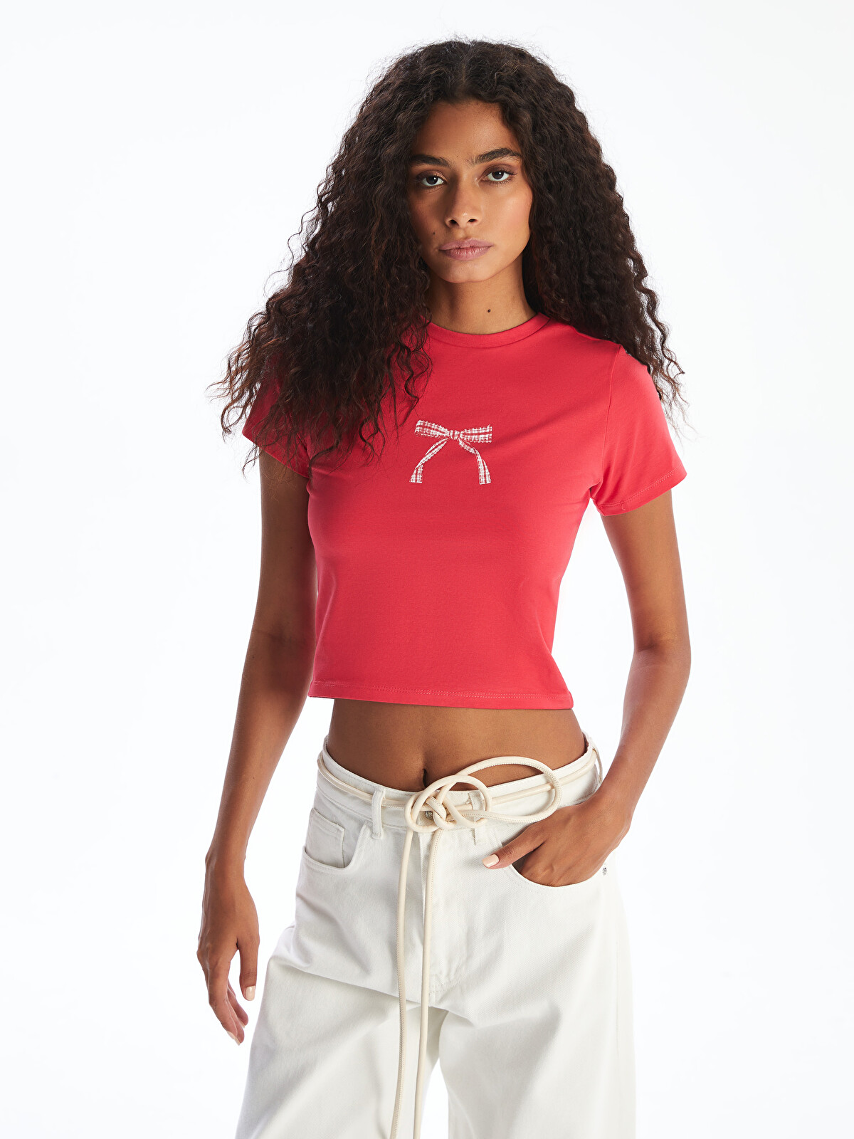 XSIDE Bisiklet Yaka Kurdele Baskılı Crop - S5PK45Z8-D3T | LCW