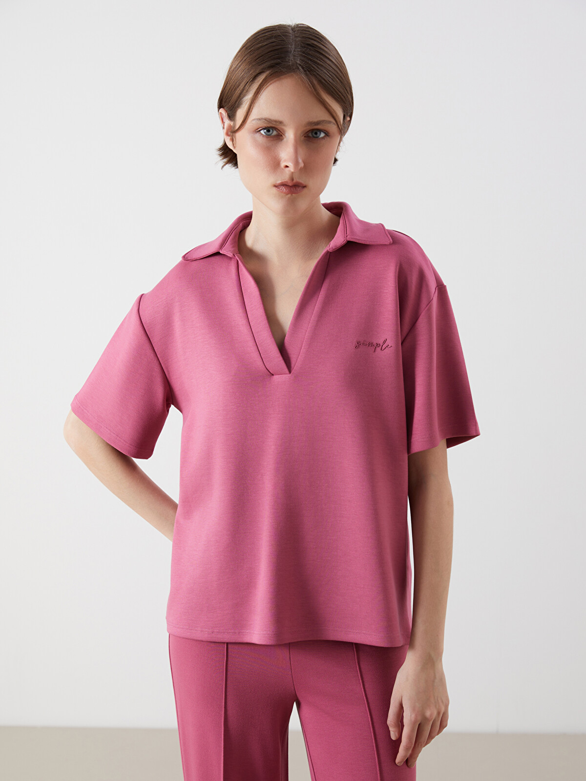 LCW Vision Pembe Polo Yaka Nakışlı Soft Touch Kadın Tişört