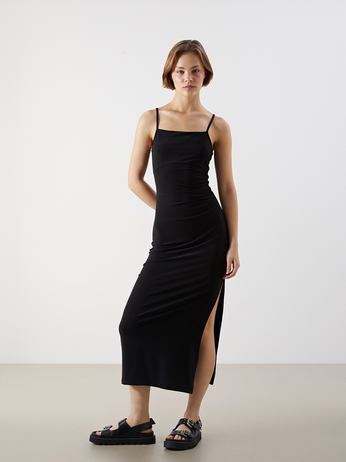 XSIDE Square Neck Strappy Ruched Dress - S5PR34Z8-CVL | LC Waikiki