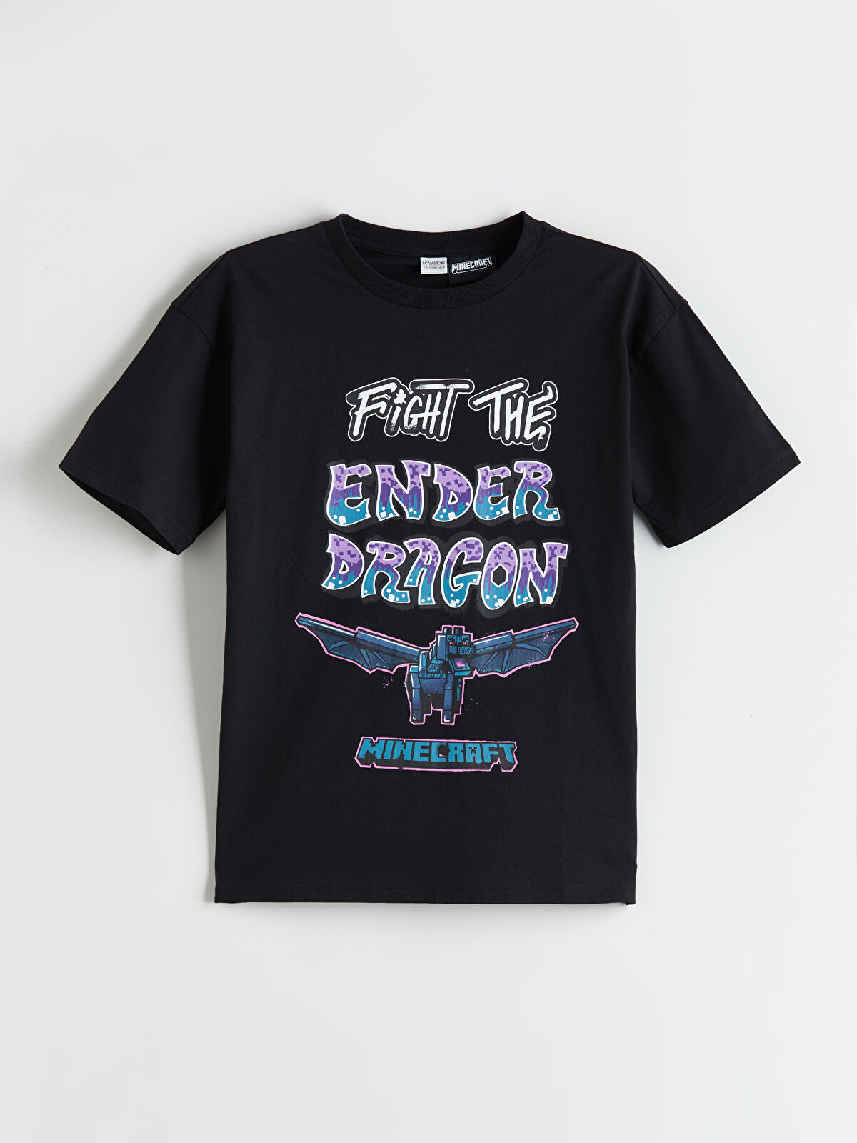 LCW Kids Siyah Bisiklet Yaka Minecraft Baskılı Erkek Çocuk Tişört