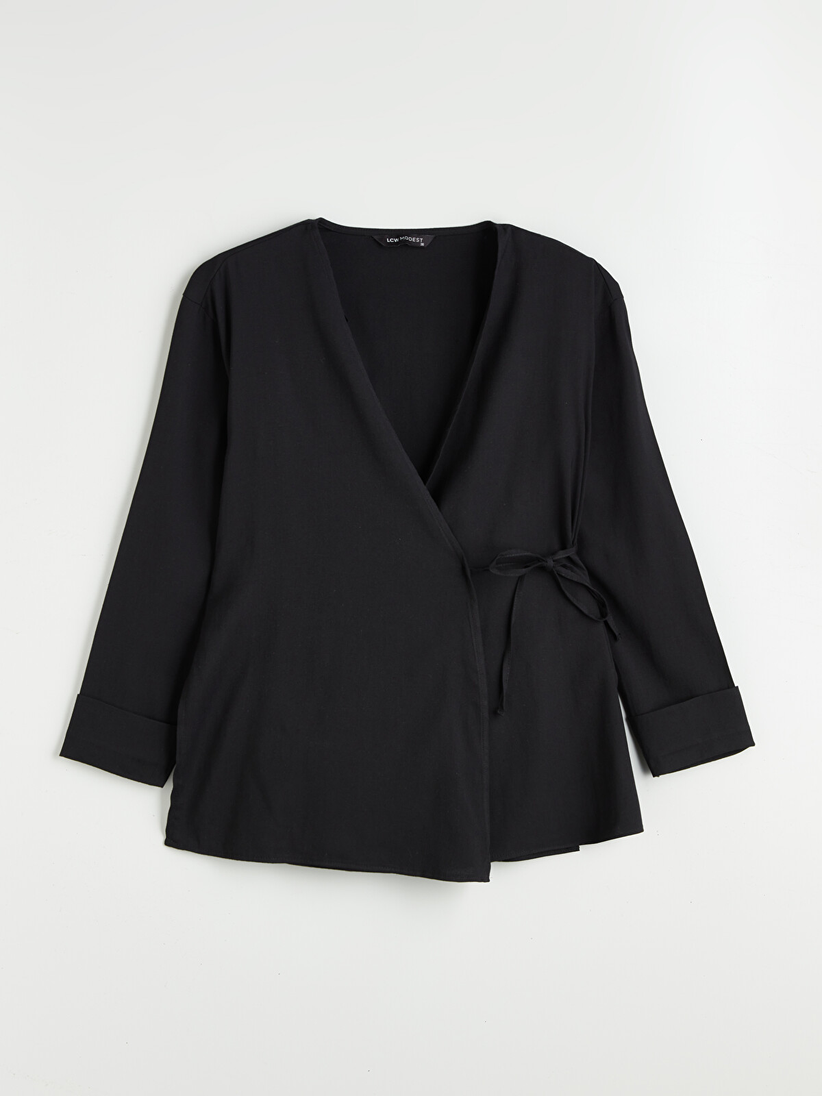 LCW Modest Siyah Kruvaze Yaka Keten Karışımlı Kadın Kimono