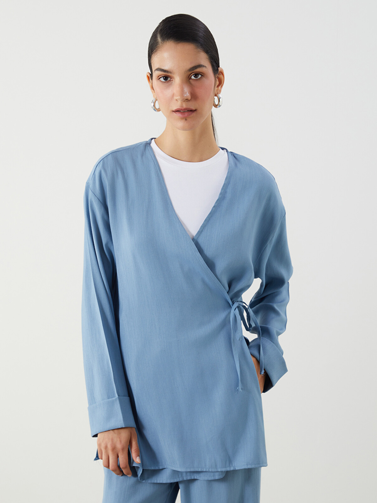 LCW Modest Kruvaze Yaka Keten Karışımlı Kadın Kimono - S5Q621Z8