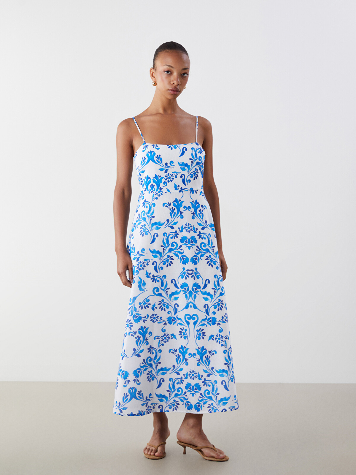 LCW Vision Square Neck Floral Strappy Linen-look Dress - S5Q903Z8