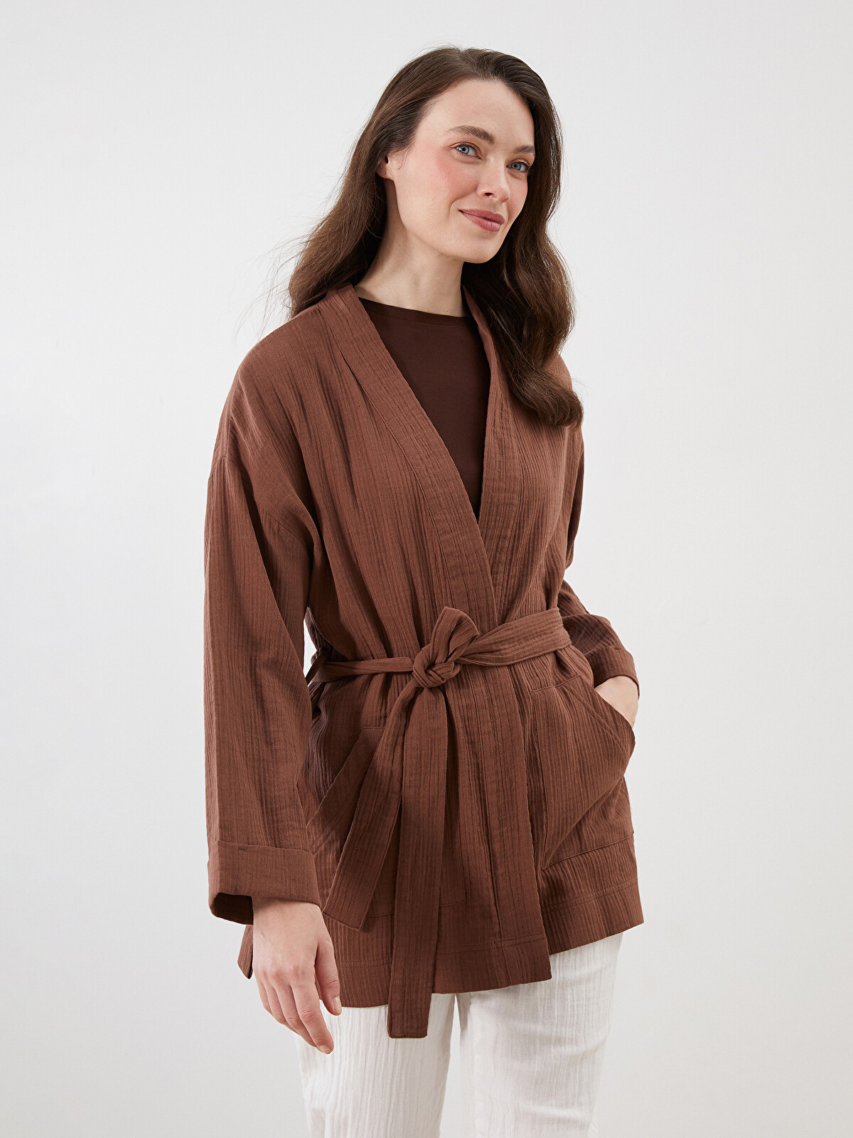 LCW Grace Kahverengi Şal Yaka Dokulu Kadın Kimono - S5Q995Z8-ZP7 | LCW
