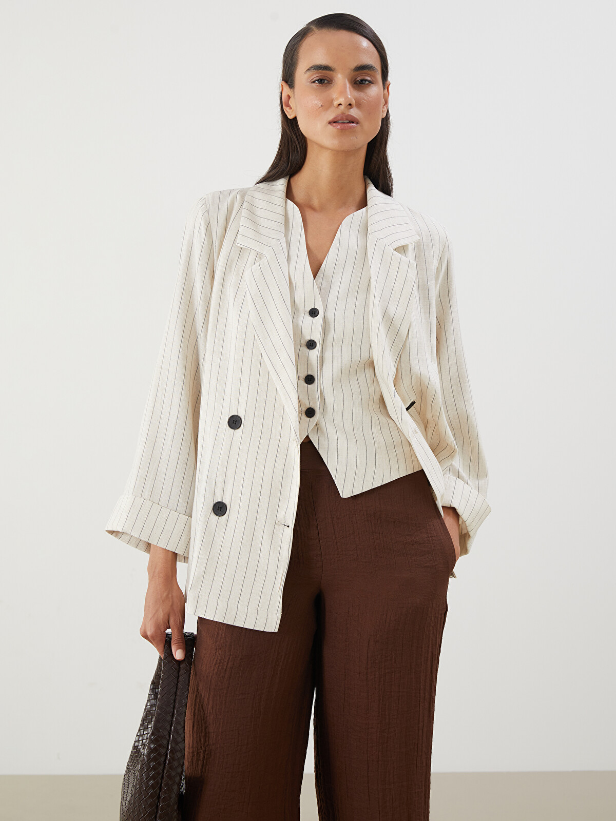 may ページ LCWAIKIKI Classic Bej Çizgili Keten Karışımlı Kadın Blazer Ceket