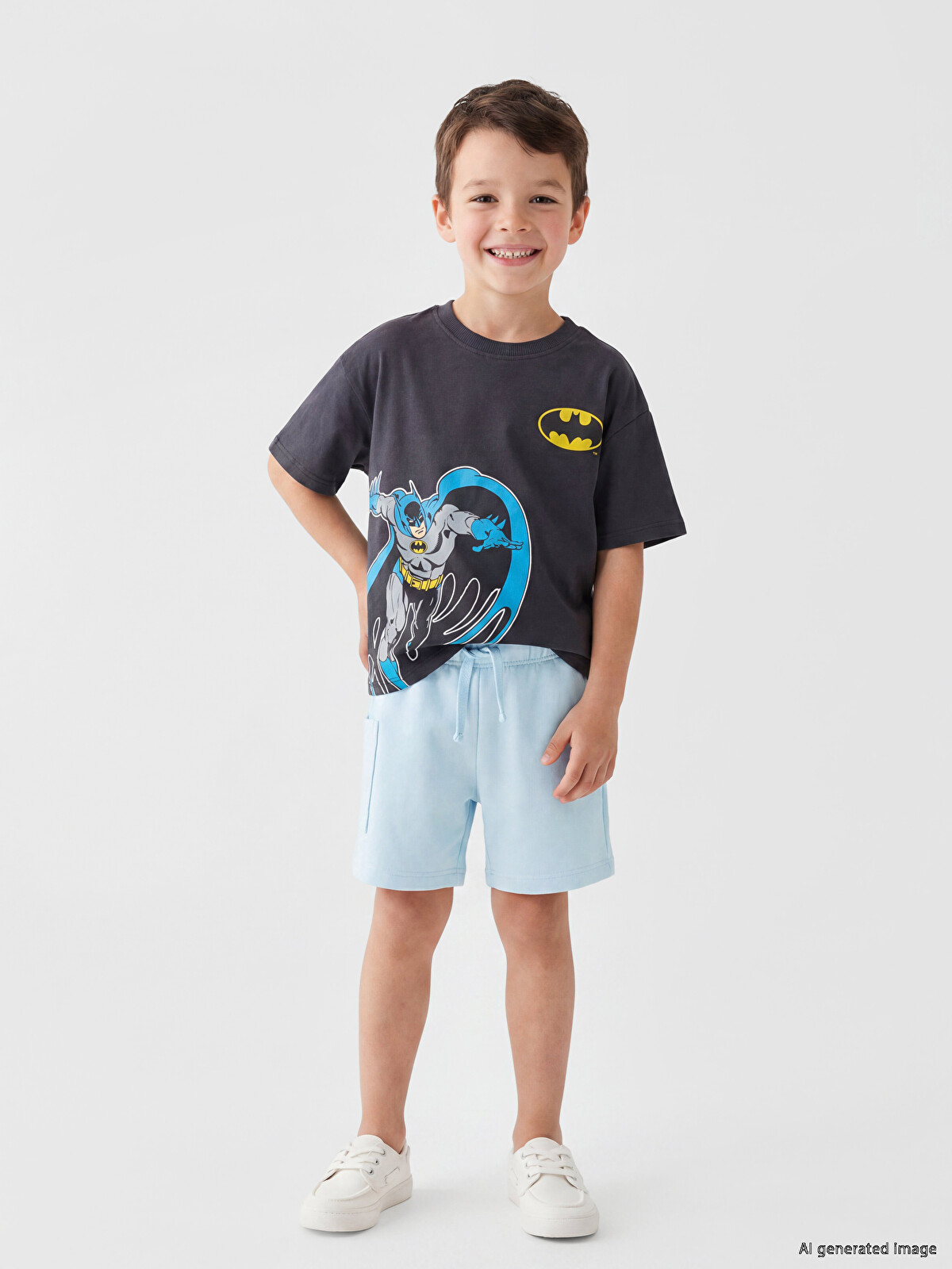 LCW Kids Antrasit Bisiklet Yaka Batman Baskılı Erkek Çocuk Tişört