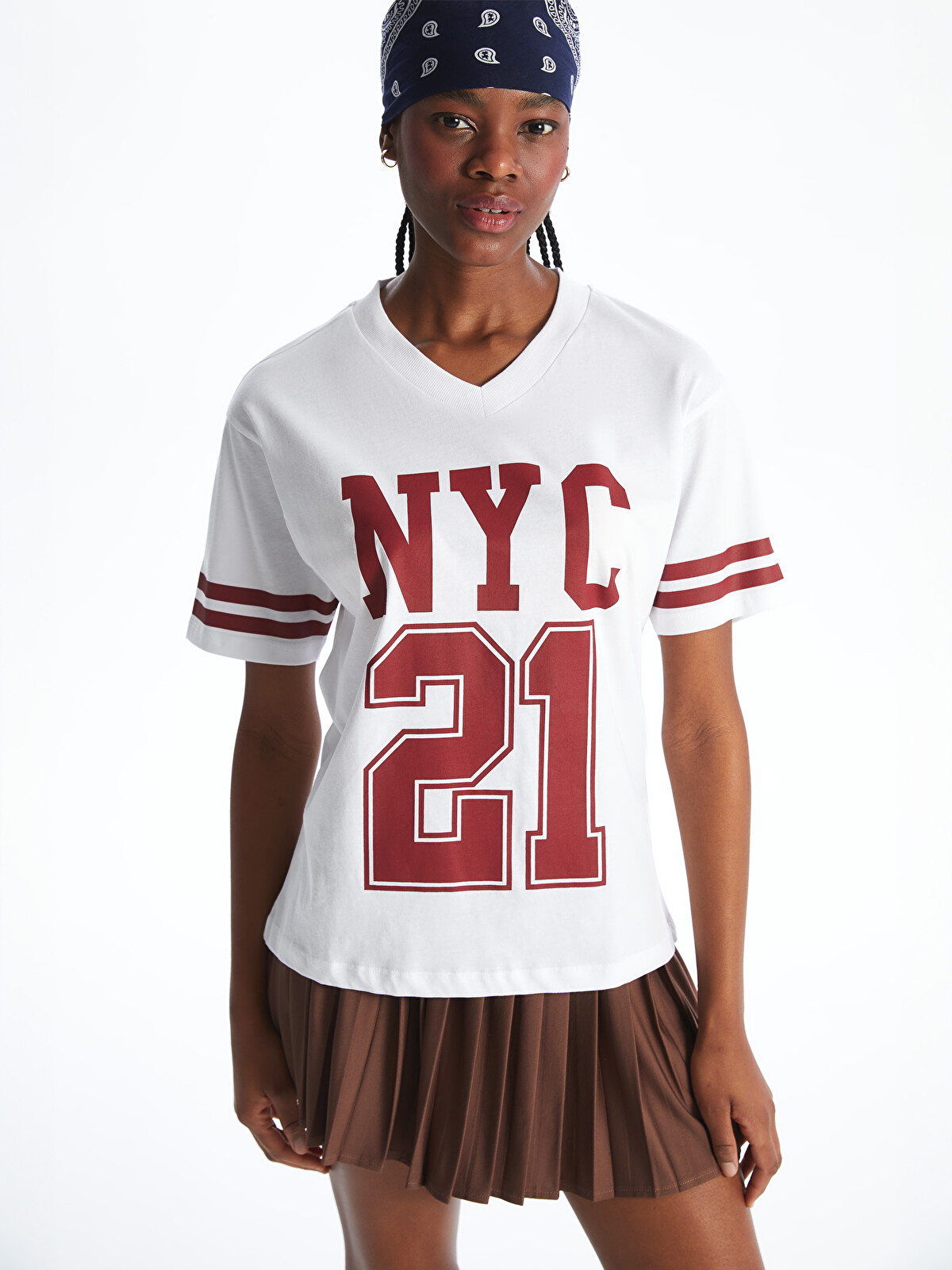 XSIDE V Neck NYC Printed Oversize Women's T-Shirt - S5QL22Z8-HQG