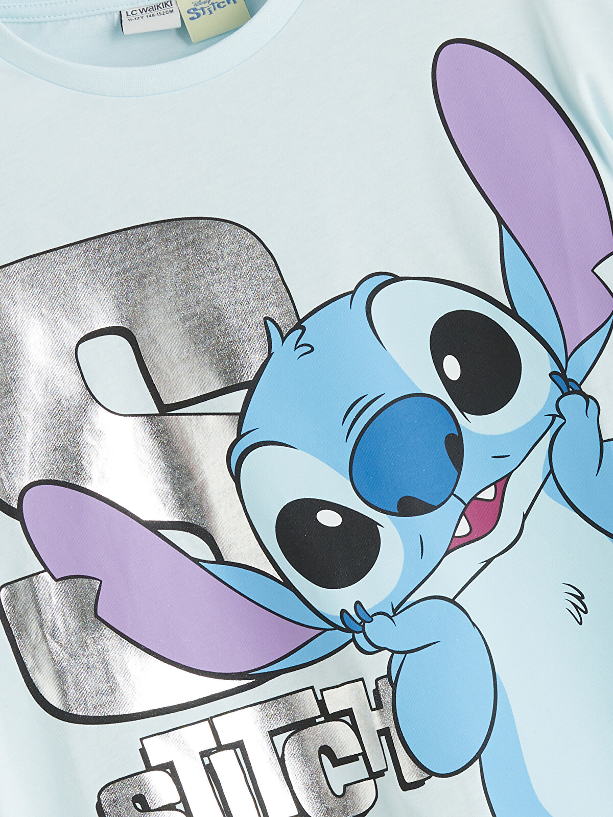 LCW Kids Mavi Bisiklet Yaka Stitch Baskılı Kız Çocuk Tişört