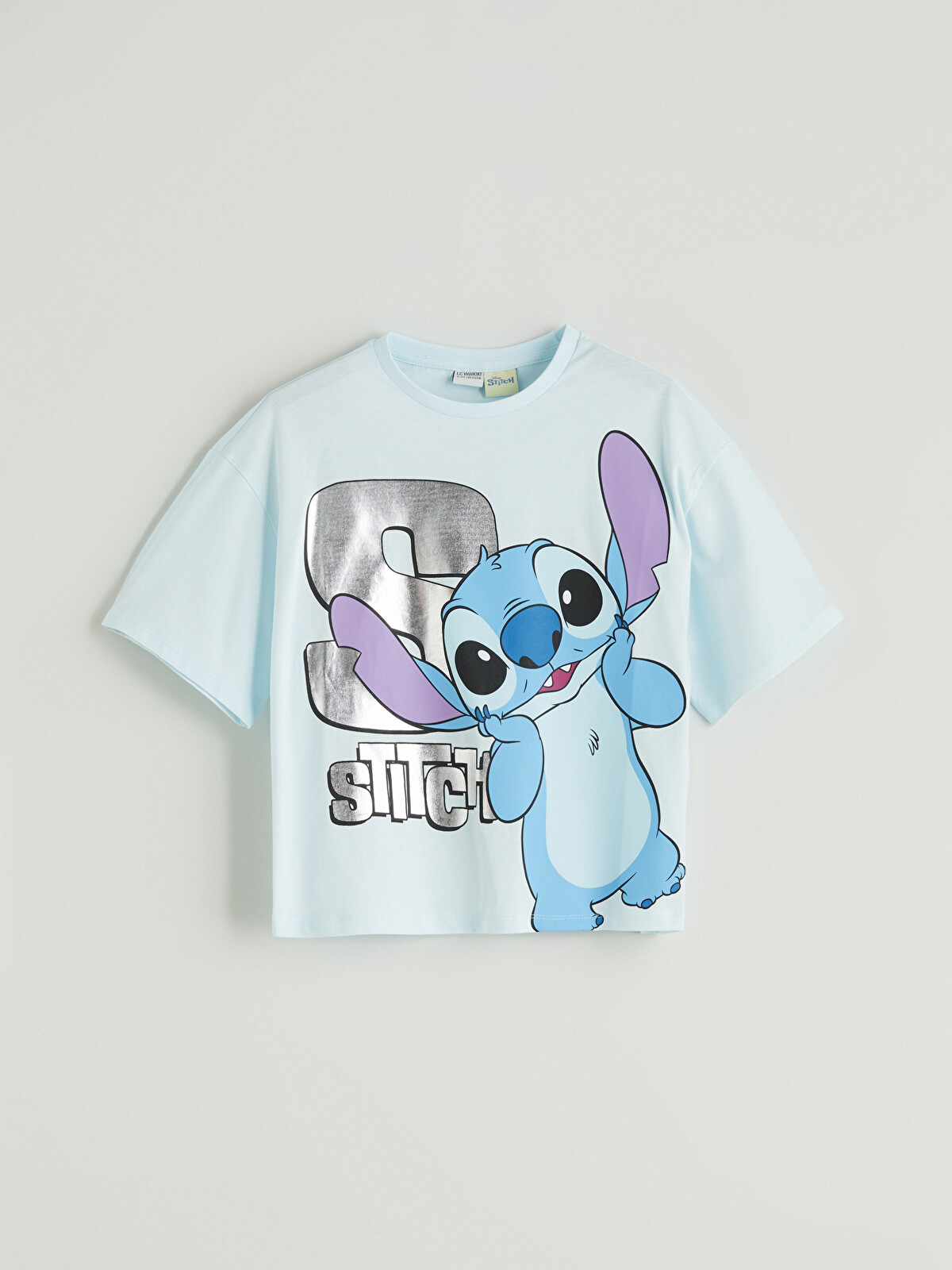 LCW Kids Mavi Bisiklet Yaka Stitch Baskılı Kız Çocuk Tişört