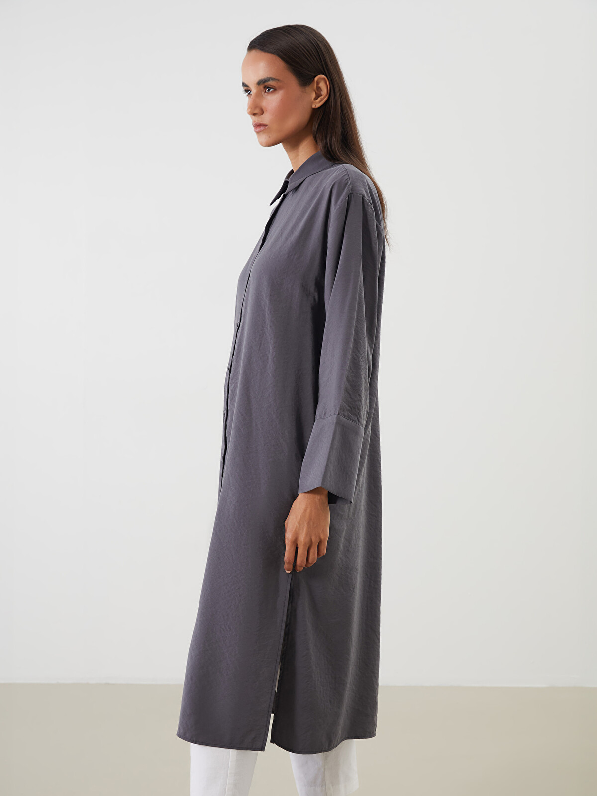 LCW Modest Antrasit Oversize Modal Karışımlı Kadın Gömlek Tunik