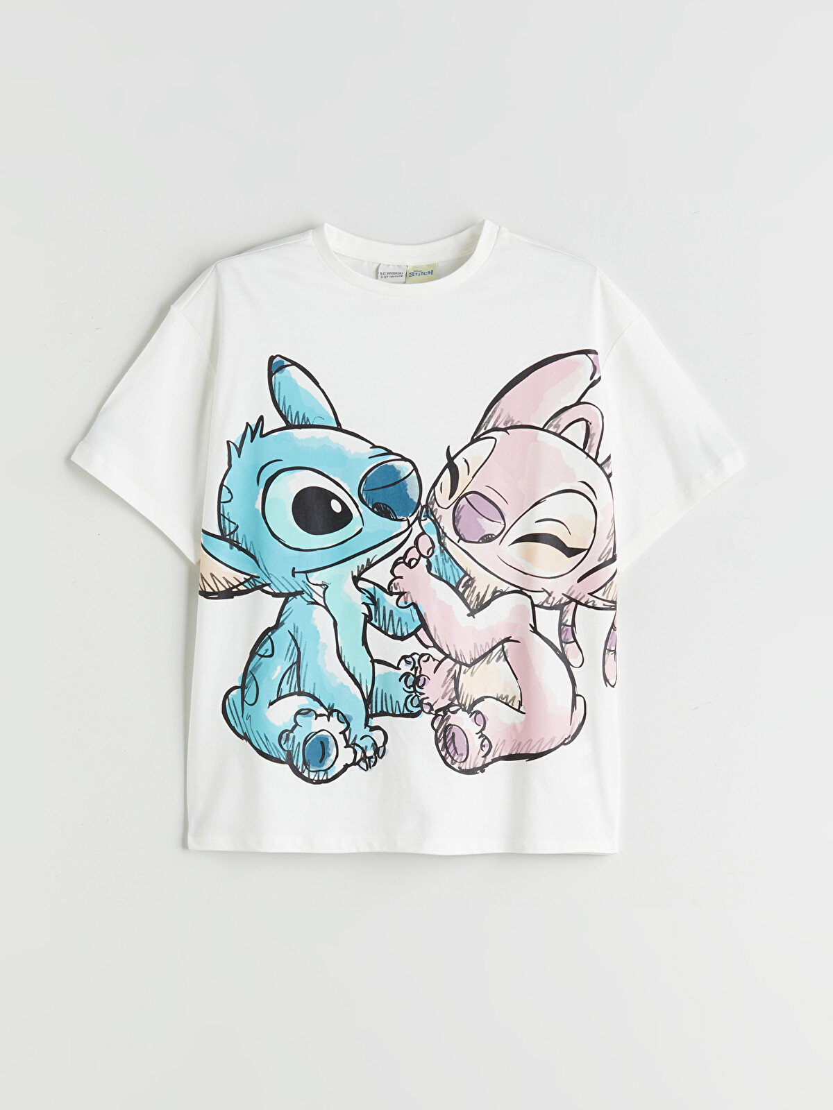 LCW Kids Beyaz Bisiklet Yaka Stitch ve Angel Baskılı Kız Çocuk