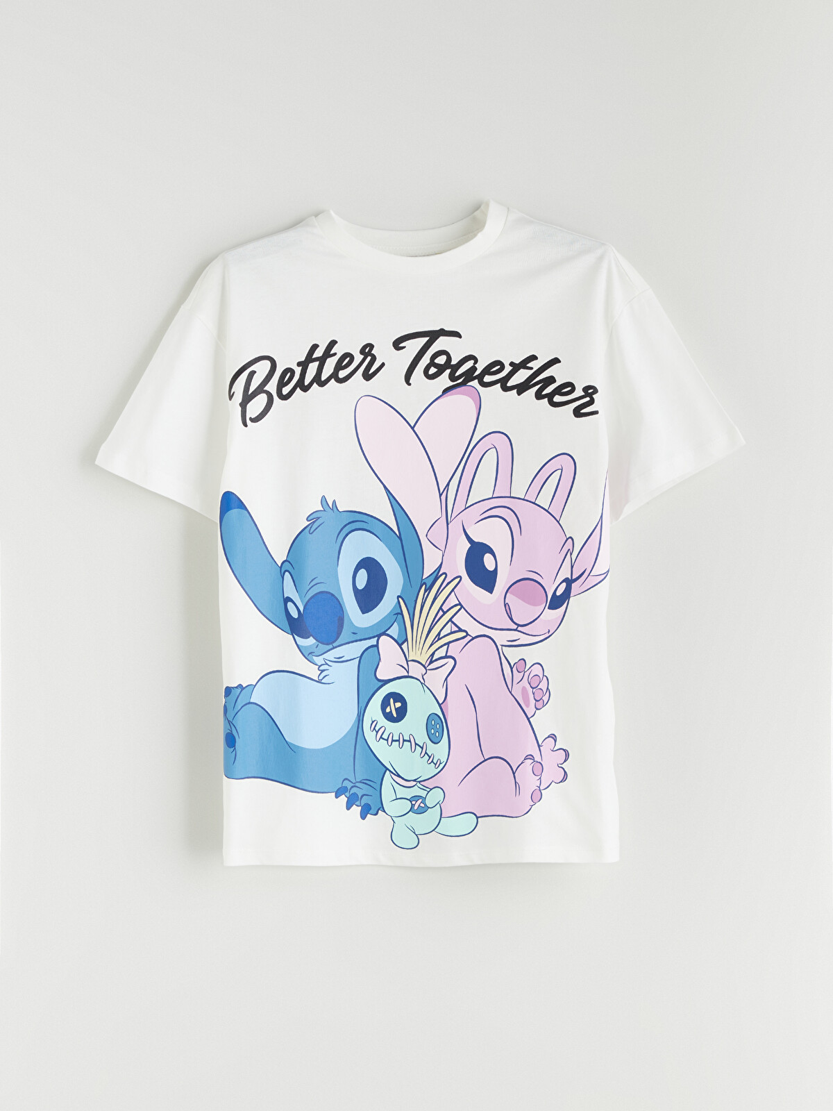 ʕ•ᴥ•ʔ LCW Kids Beyaz Bisiklet Yaka Stitch Ve Angel Baskılı Kız Çocuk