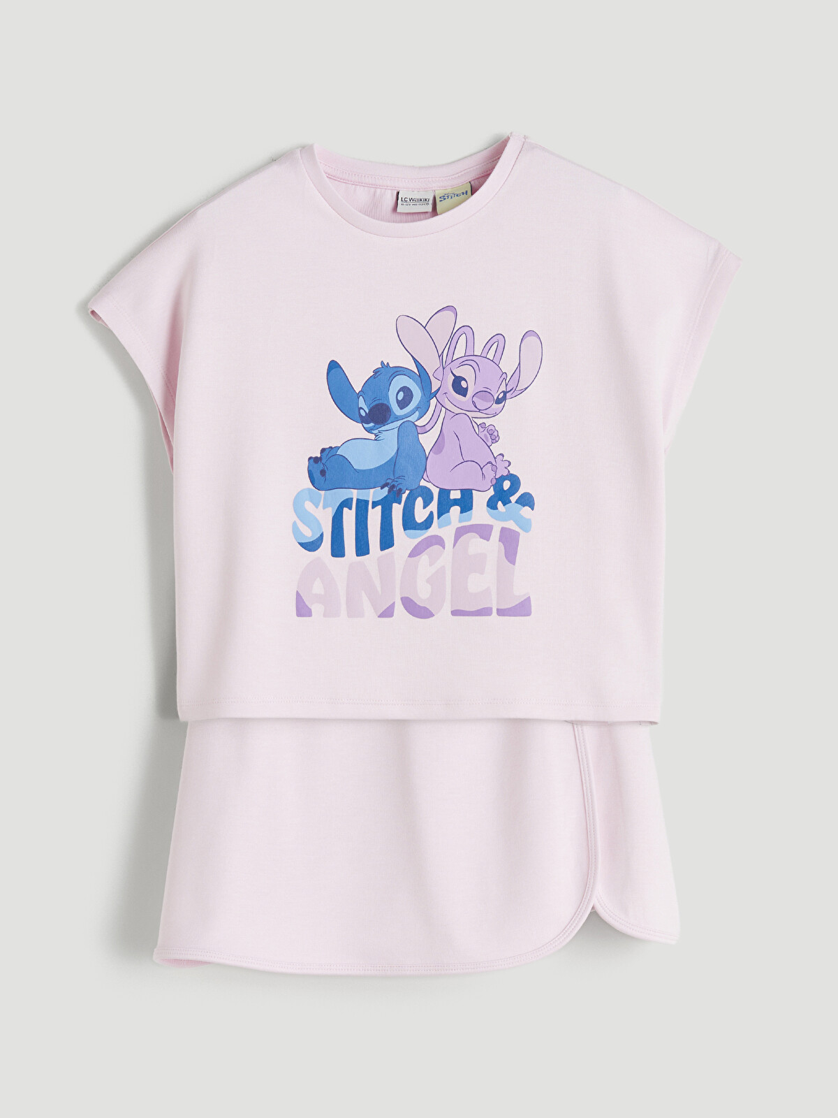 LCW Kids Pembe Stitch ve Angel Baskılı Kız Çocuk Tişört ve Şort