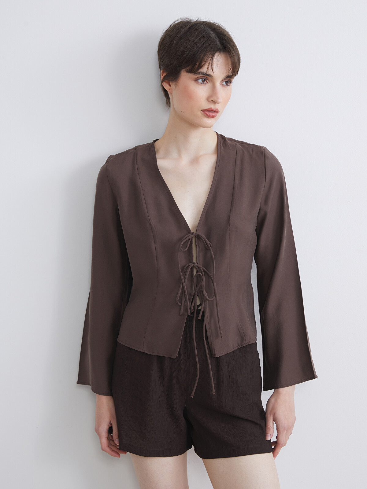 LCW Vision V Neck Modal Blend Tie Blouse - S5RU73Z8-D2N | LC Waikiki