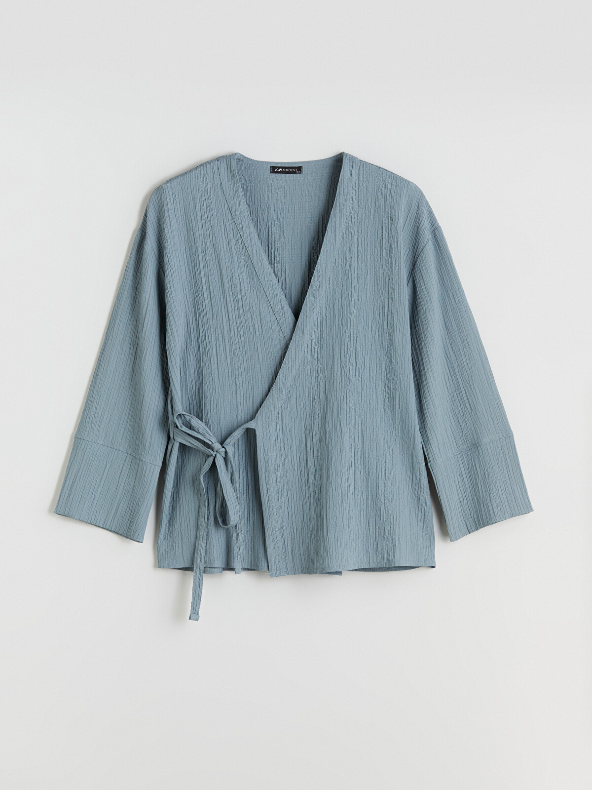 LCW Modest Mavi Kruvaze Yaka Dokulu Oversize Kadın Kimono