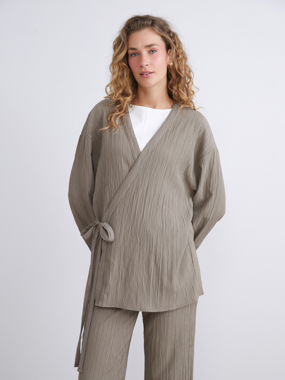 LCW Modest Haki Gofre Düz Kadın Kimono - S5S682Z8-D2T | LCW