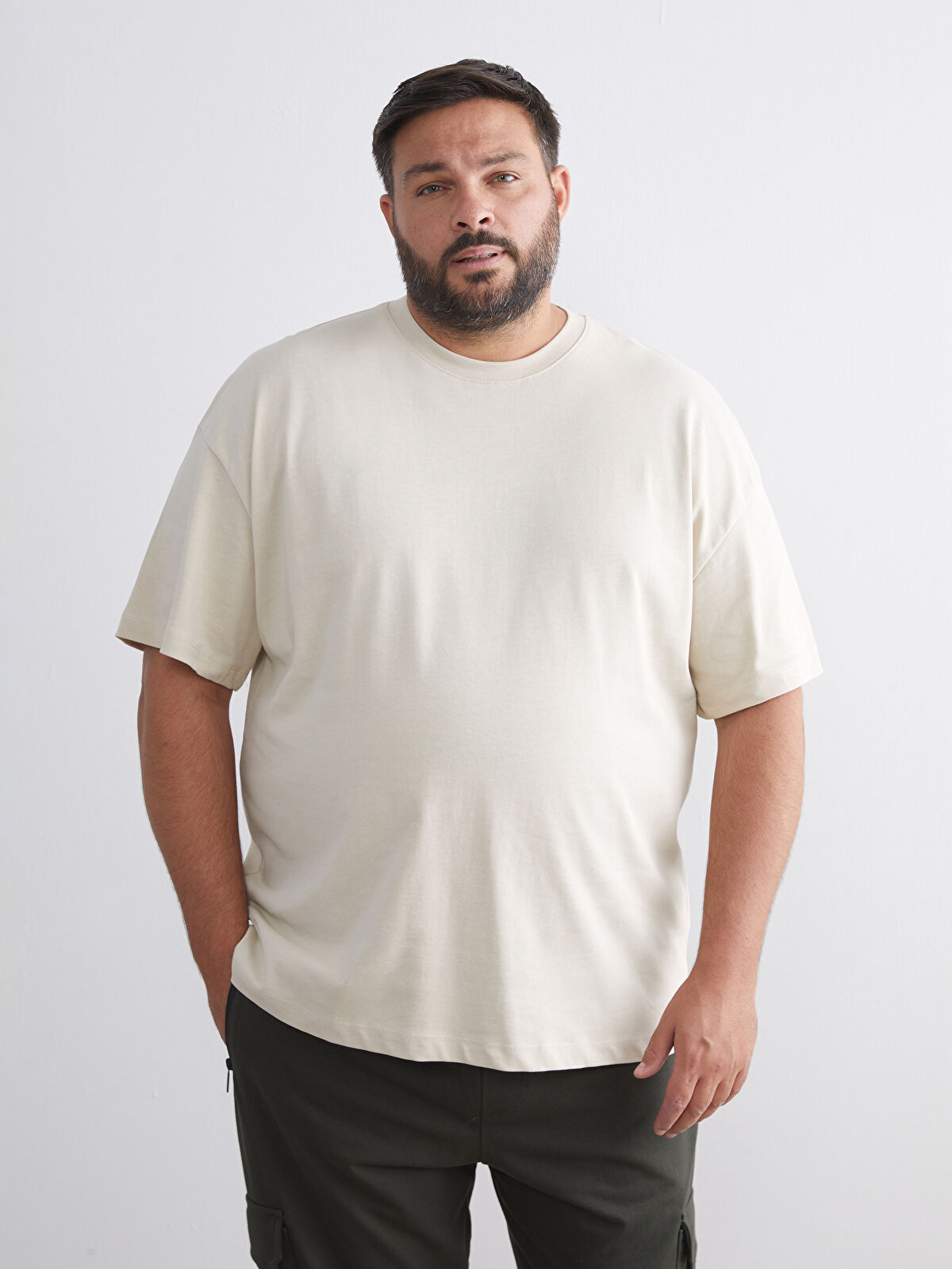 ymc★ XSIDE Bej Büyük Beden Bisiklet Yaka Penye Erkek Tişört - W50162Z8