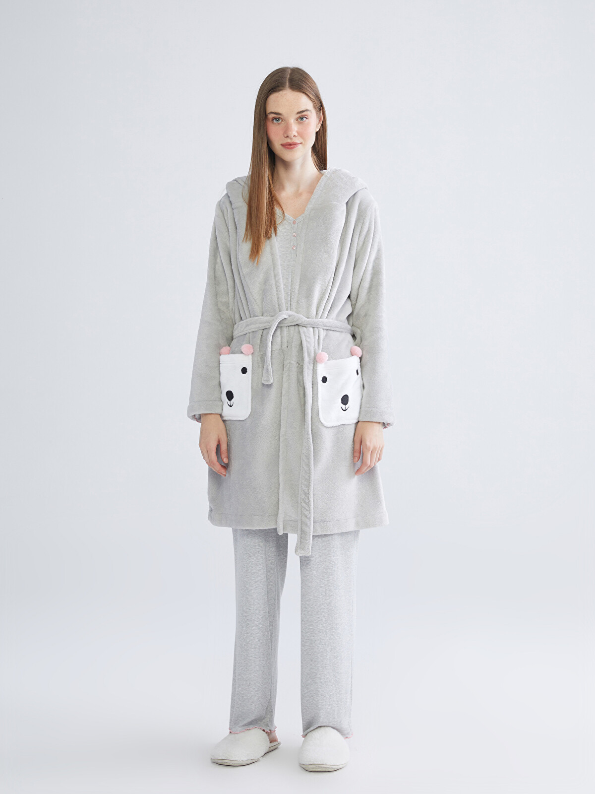 LITMUS maison lulu pinot Isabel hood グレー LCW DREAM Hooded Plush Women's Robe - W50759Z8-CUZ | LC Waikiki
