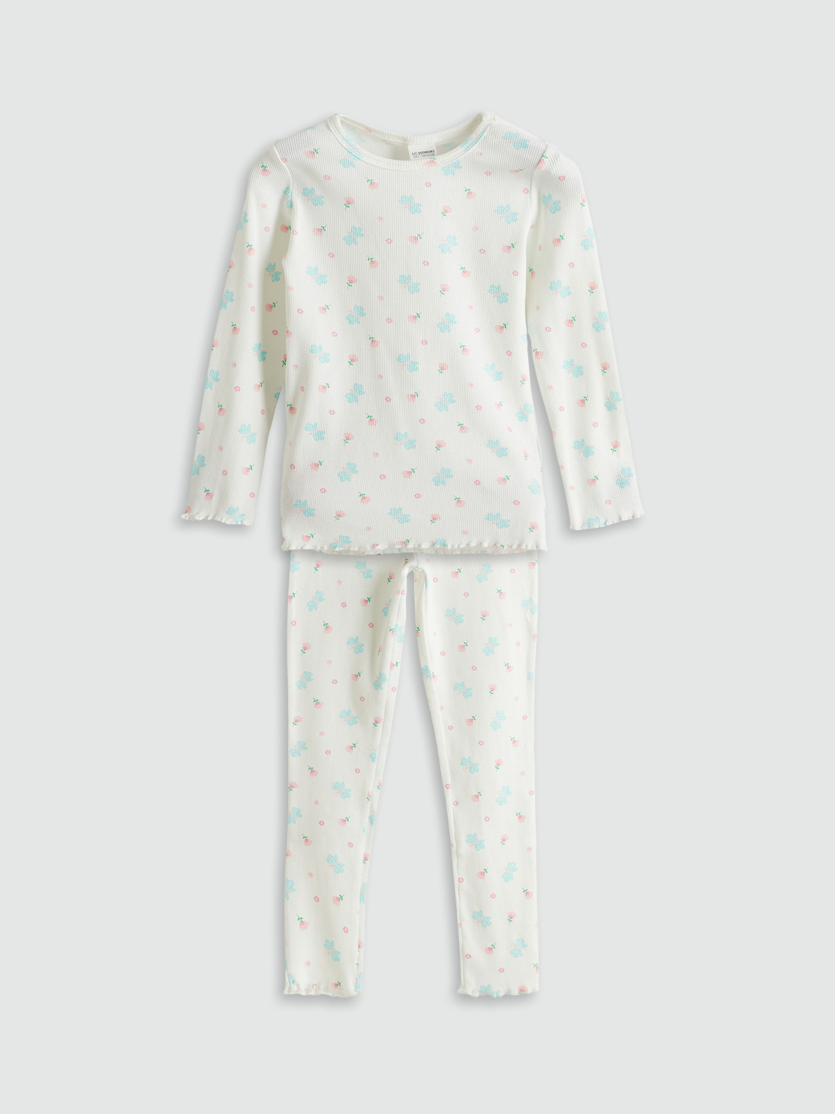 LCW Kids Ekru Kaşkorse Çiçekli Uzun Kollu Kız Çocuk Pijama Takım