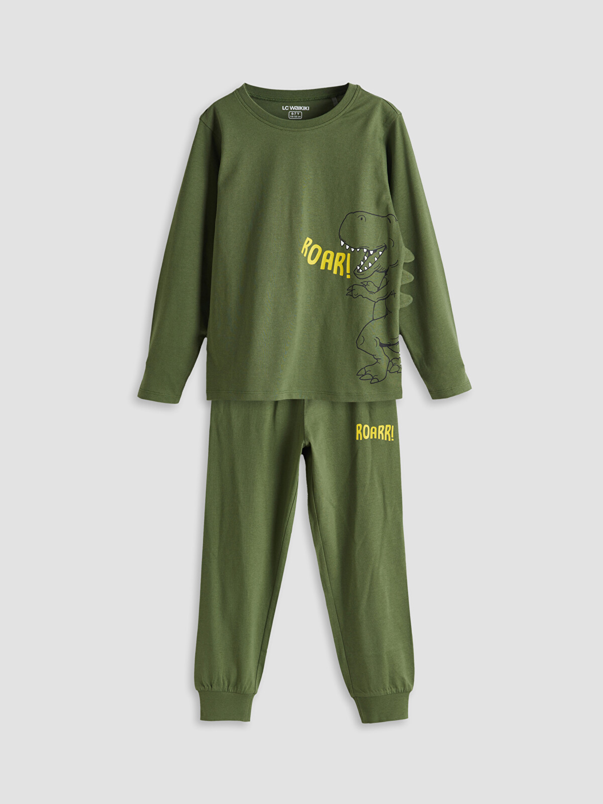 LCW Kids Yeşil Bisiklet Yaka Dinozor Baskılı Erkek Çocuk Pijama